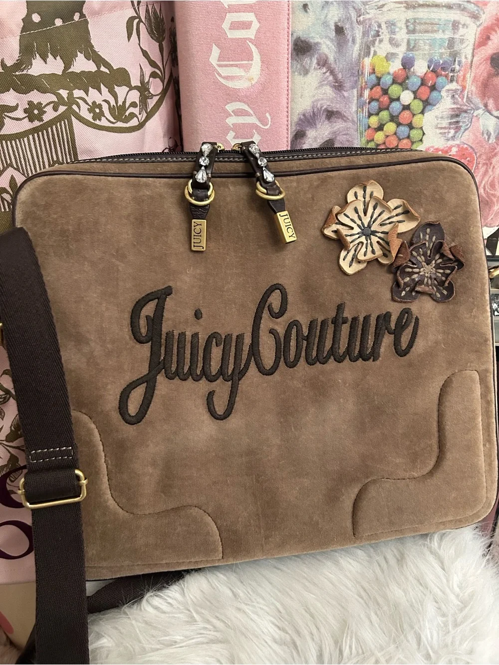 Y2K Vintage 2008 Juicy Couture Brown Velour Laptop Crossbody Bag Floral Logo